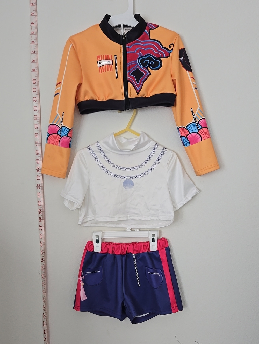 Kids' Anime Halloween Set Patterned Cropped Jacket & White Shirt, Navy Shorts.